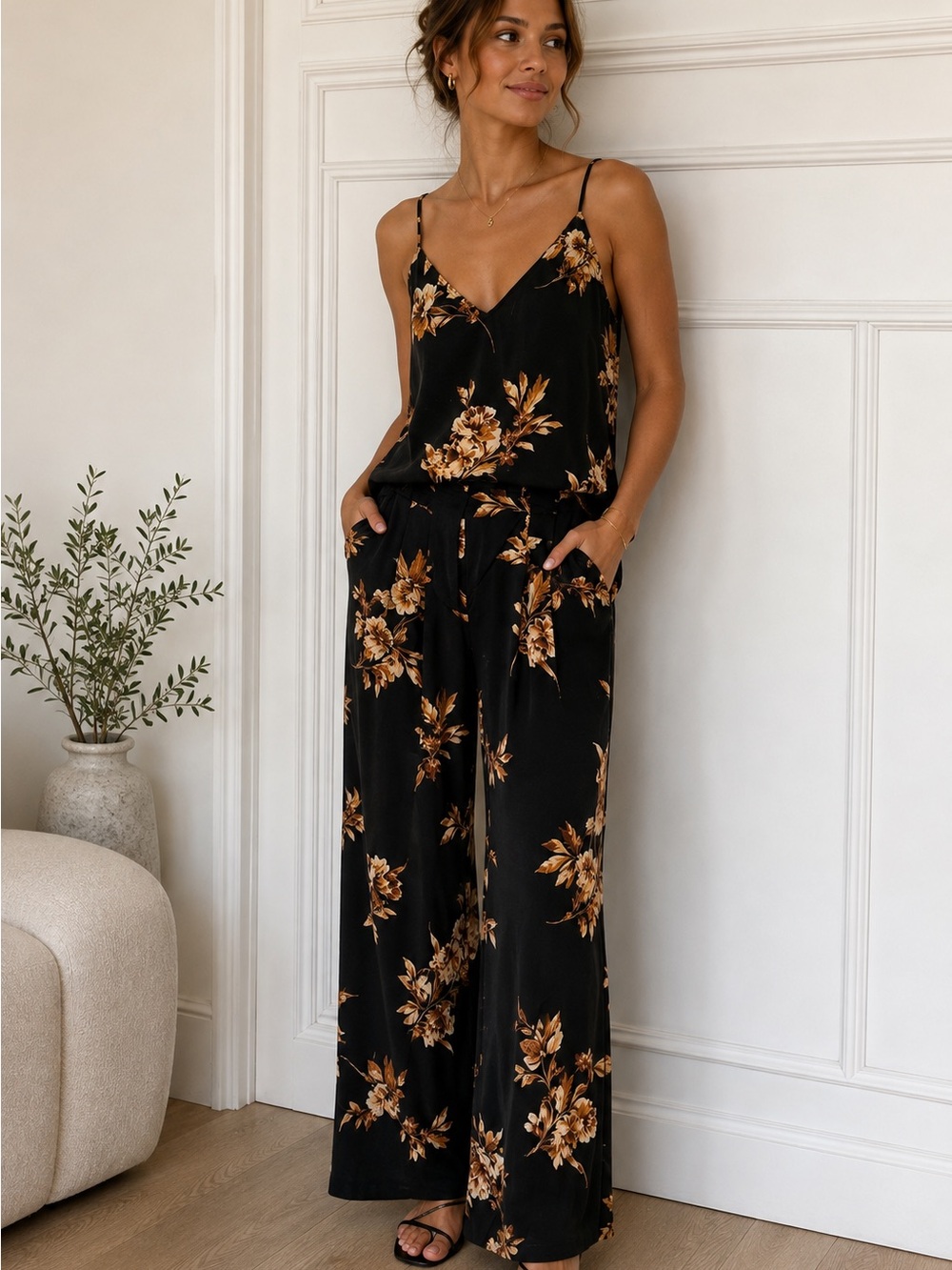 Dynamite Black Jumpsuit with Gold Floral Print